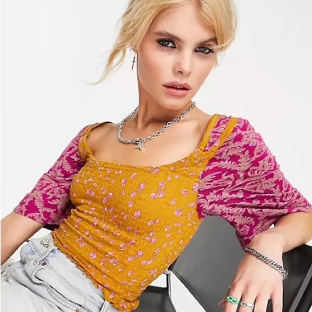 NWT Free People Marigold Floral Boho Crop Tee Shirt in Golden Combo Small